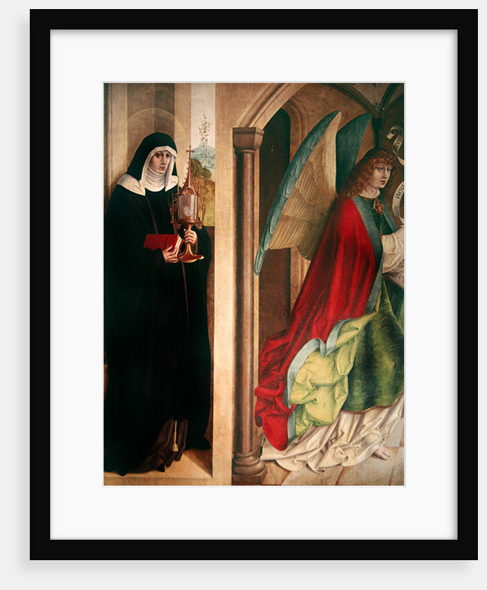 The Annunciation with St. Clare of Assisi, left panel of the retable when closed, 1480 by Master of the Carnation