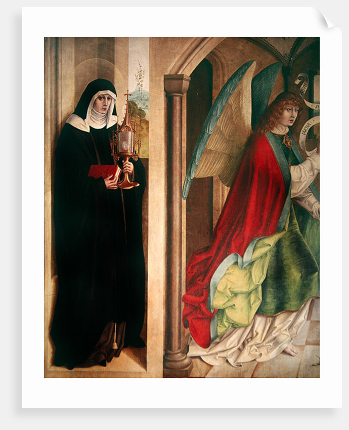 The Annunciation with St. Clare of Assisi, left panel of the retable when closed, 1480 by Master of the Carnation