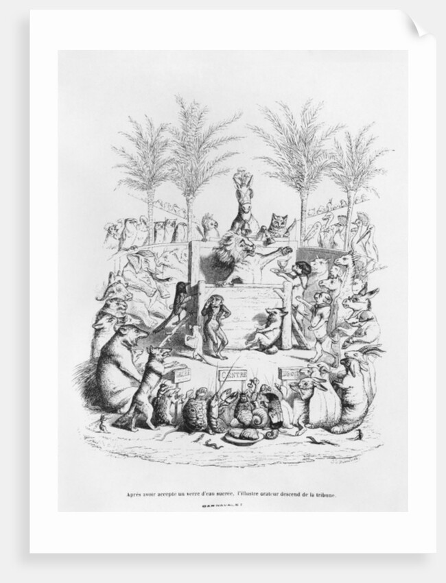 After having a glass of sugar water, the famous orator comes down the platform by Grandville