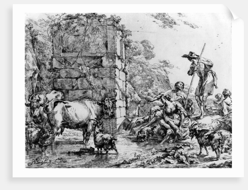 Cows and goats drinking at a pond by Nicolaes Pietersz. Berchem