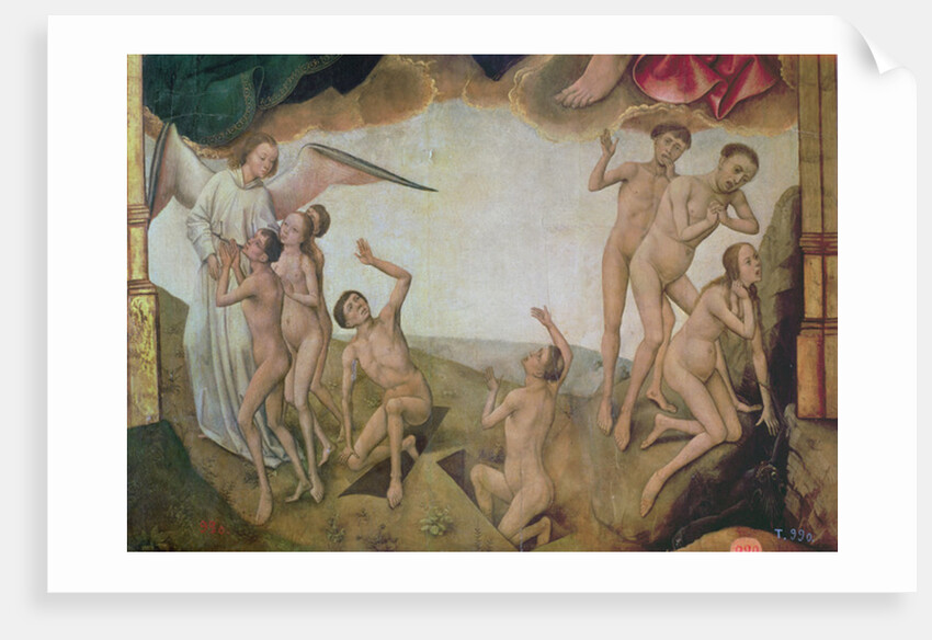 An angel welcomes the blessed into heaven while on the right the damned are being dragged down by devils to hell by Vrancke van der Stockt