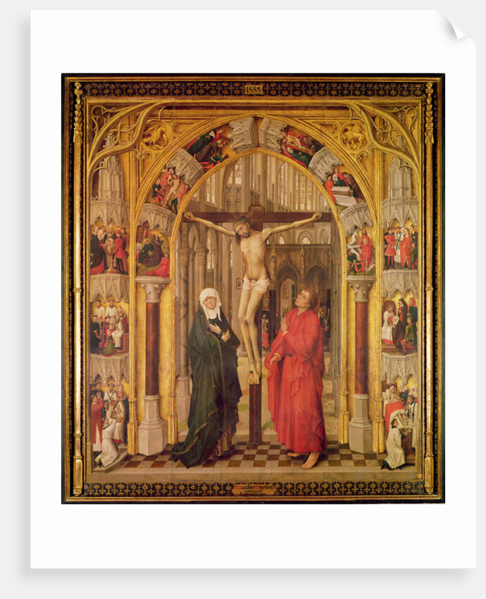 Christ on the Cross, with the Virgin Mary and Saint John under an archway with Gothic tracery leading to a church, central panel from the Redemption Triptych, c.1460 by Vrancke van der Stockt