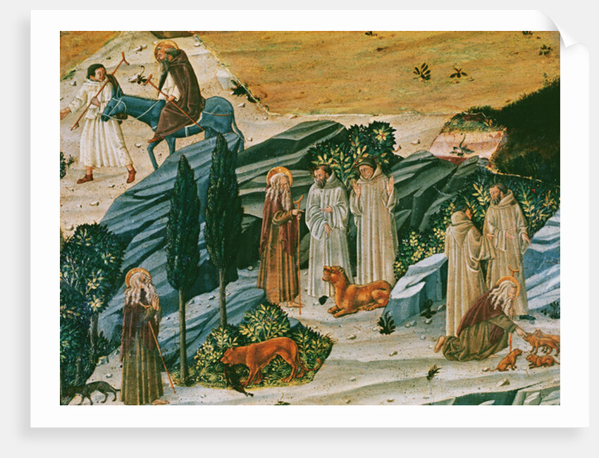 Saint Gerasimus in the Thebaid desert with the lion he tamed by removing a thorn from its paw, c.1440 by School Tuscan