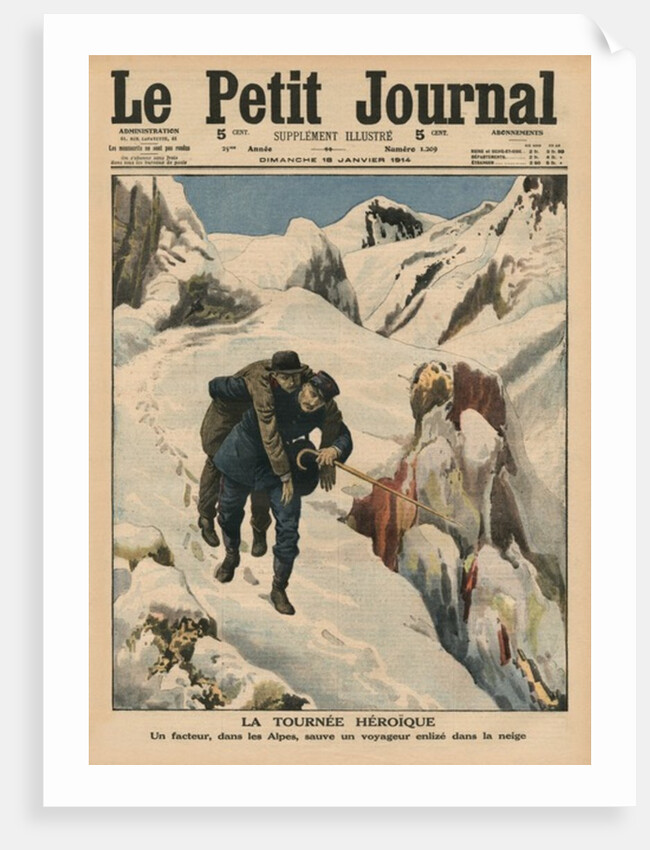 An heroic round, an Alpine postman rescuing a traveller stuck in the snow by French School