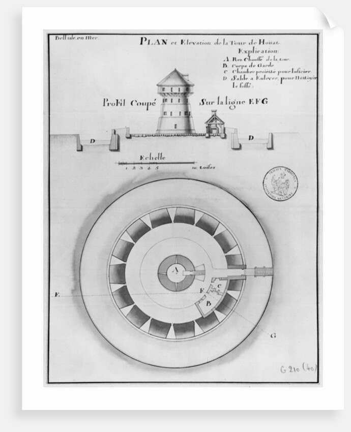 Belle Isle en Mer, plan and elevation of the tower of Houat, 1745 by French School