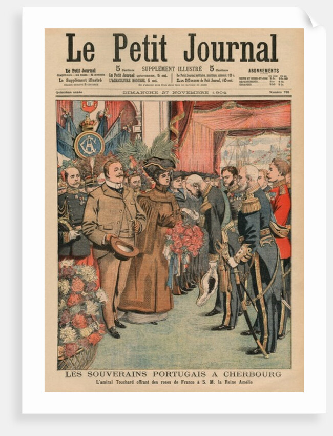 The Portuguese sovereigns in Cherbourg, Admiral Touchard offering French roses to Her Majesty Queen Amelie of portugal, by French School