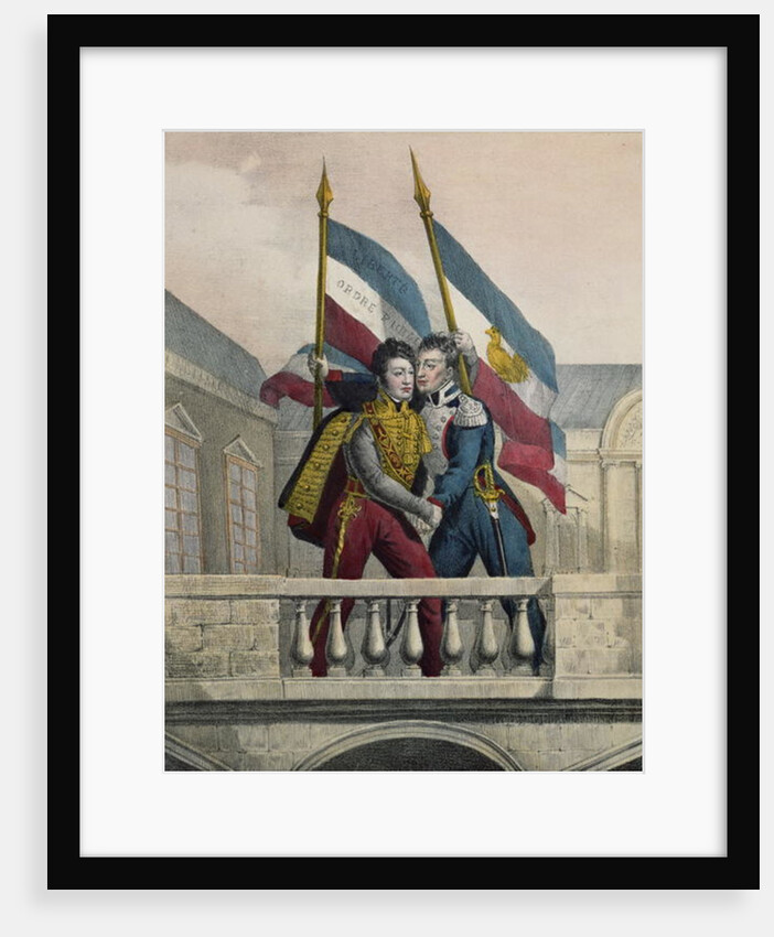 The Duke of Orleans embracing General La Fayette and raising the national colours on the terrace of the Palais-Royal, 30th July 1830 by Labastide