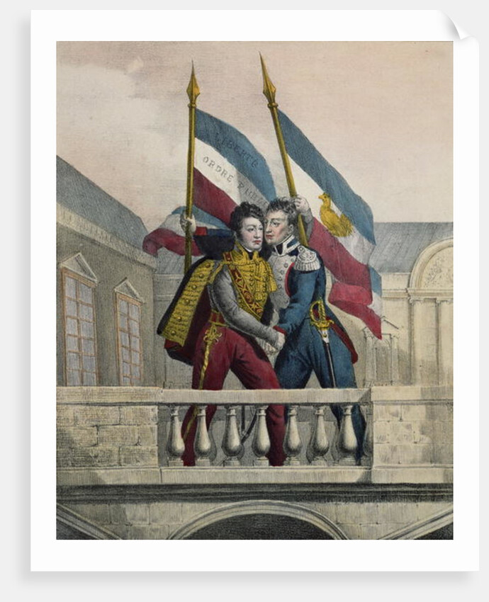 The Duke of Orleans embracing General La Fayette and raising the national colours on the terrace of the Palais-Royal, 30th July 1830 by Labastide
