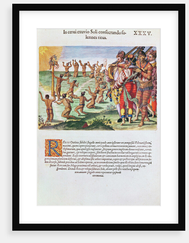 Sun worshipping ritual with an offering of a deer by Jacques Le Moyne