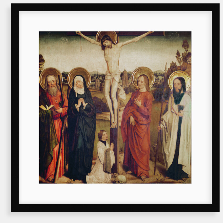 The Crucifixion, with Saint Andrew, Saint Matthew and a man kneeling at the foot of the cross by German School
