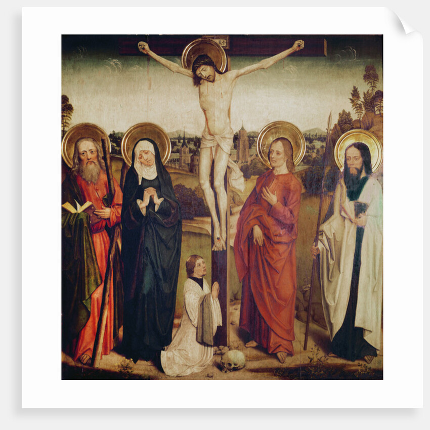 The Crucifixion, with Saint Andrew, Saint Matthew and a man kneeling at the foot of the cross by German School