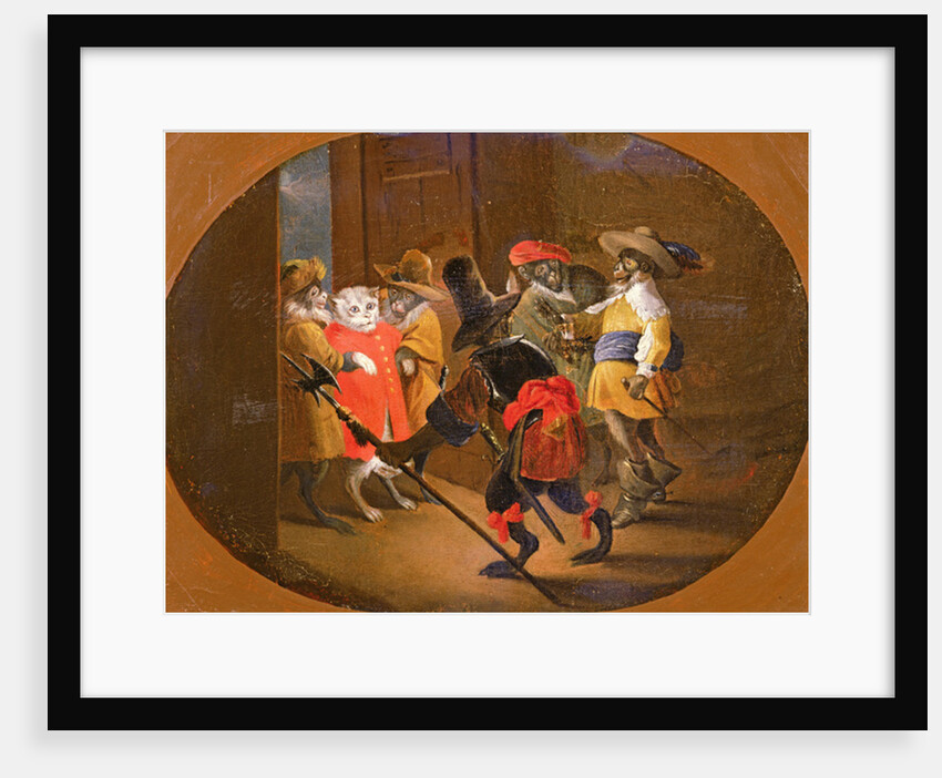 Monkeys disguised as soldiers, bringing them to a cat officer by David the Younger Teniers
