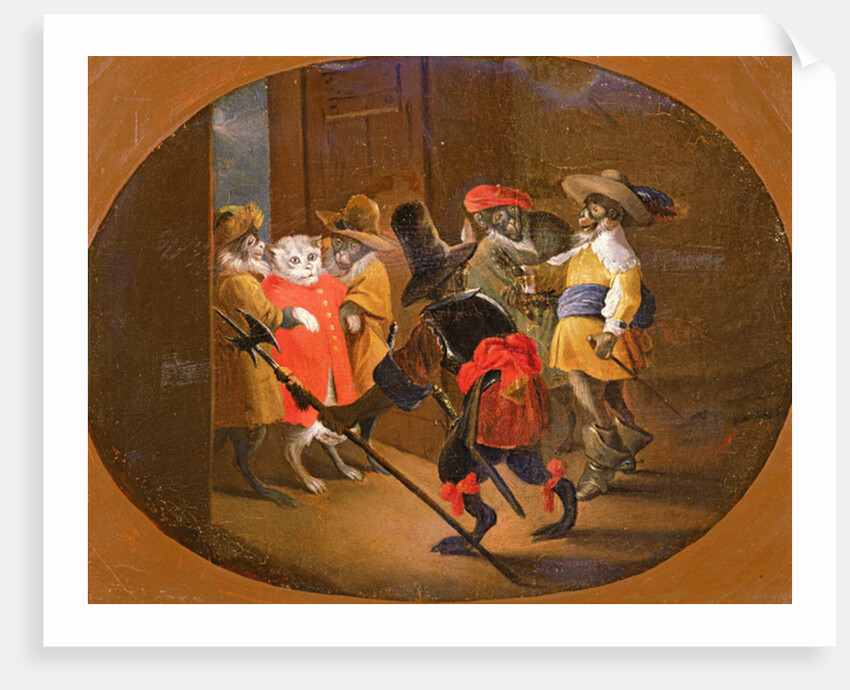 Monkeys disguised as soldiers, bringing them to a cat officer by David the Younger Teniers