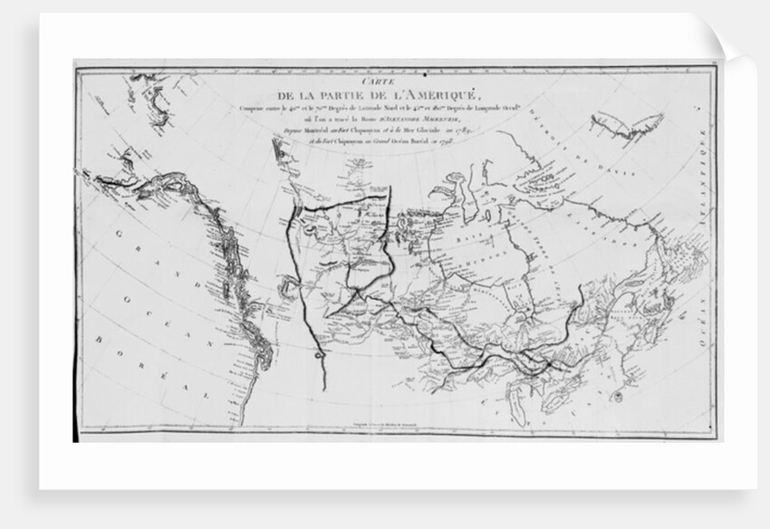 Map of North America, plotting the expeditions of Sir Alexander Mackenzie in 1789 and 1798 to the Arctic Ocean by French School