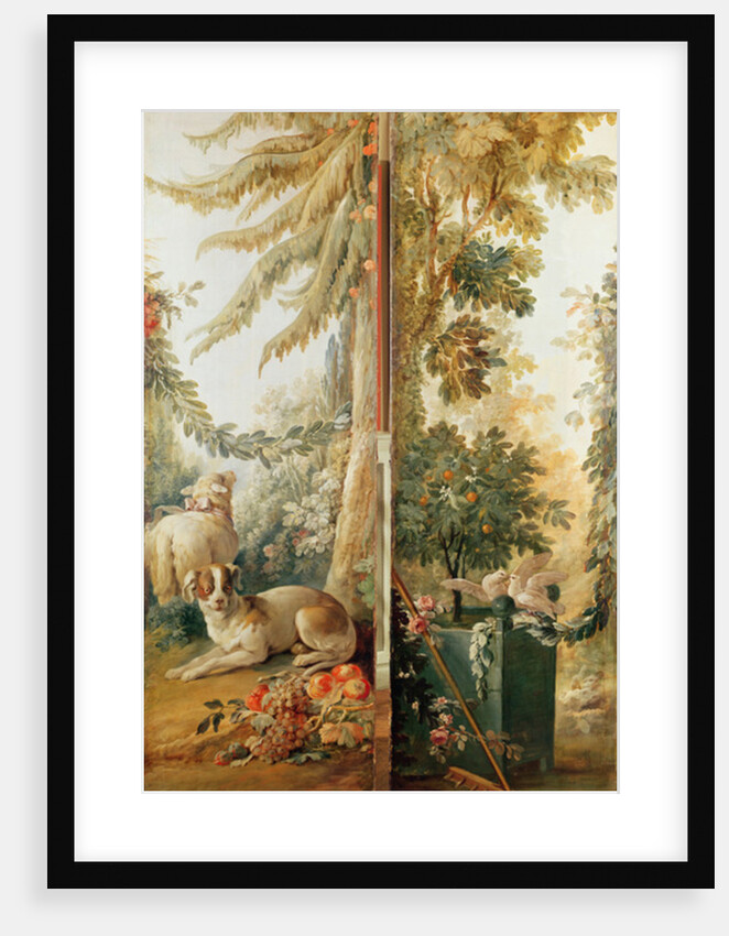 Salon of the print-maker Gilles Demarteau, two panels 1. dog and sheep 2. planted Orange tree with pecking doves by Jean-Baptiste Huet