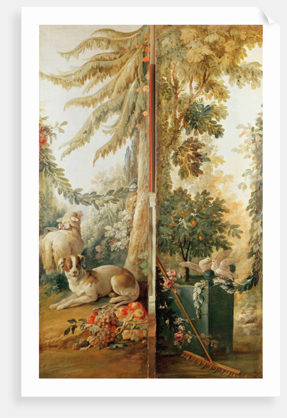 Salon of the print-maker Gilles Demarteau, two panels 1. dog and sheep 2. planted Orange tree with pecking doves by Jean-Baptiste Huet