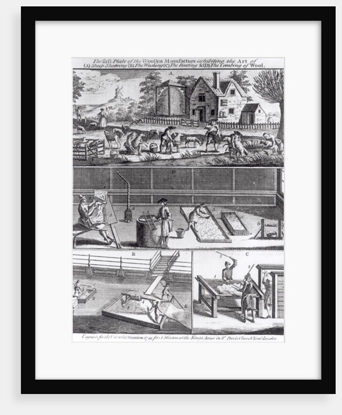 The First Plate of the Woollen Manufacture Exhibiting the Art of Sheep Shearing The Washing The Beating and The Combing of Wool by English School