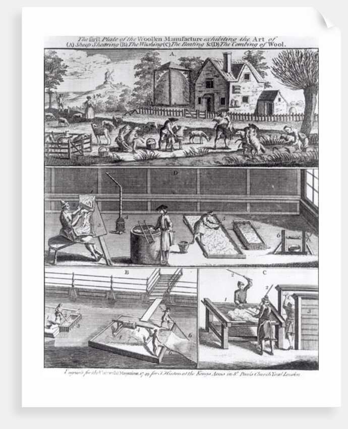 The First Plate of the Woollen Manufacture Exhibiting the Art of Sheep Shearing The Washing The Beating and The Combing of Wool by English School