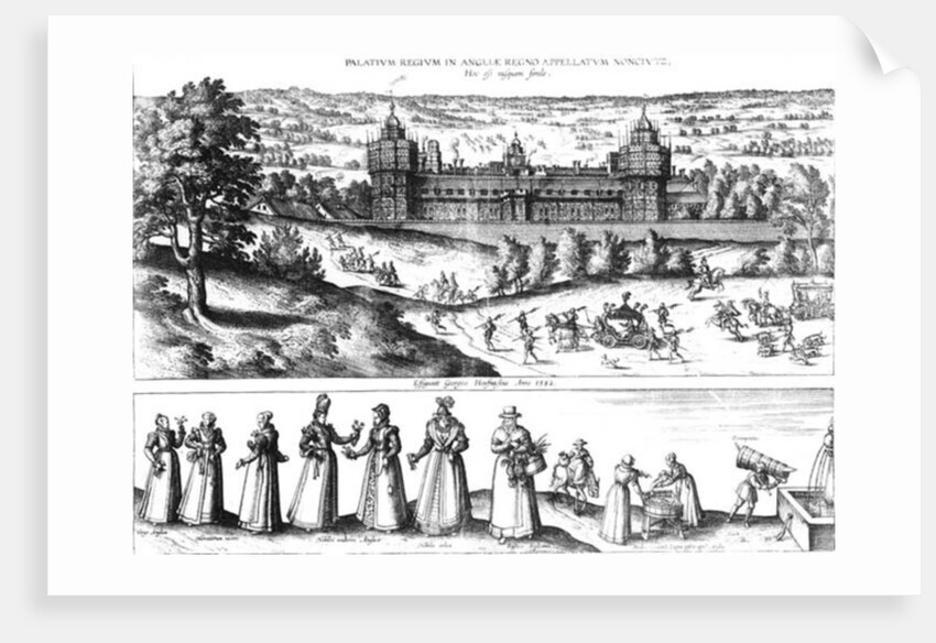 Arrival of Queen Elizabeth I at Nonesuch Palace and men and women from Tudor society, 1582 by Joris Hoefnagel