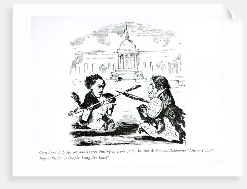 Caricature of Delacroix and Ingres duelling in front of the Institut de France, c.1828 by French School