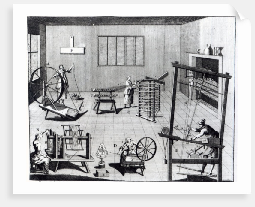The Second Plate of the Woollen Manufacture Exhibiting the Art of Spinning, Reeling, Warping and Weaving Woollen Cloth by English School