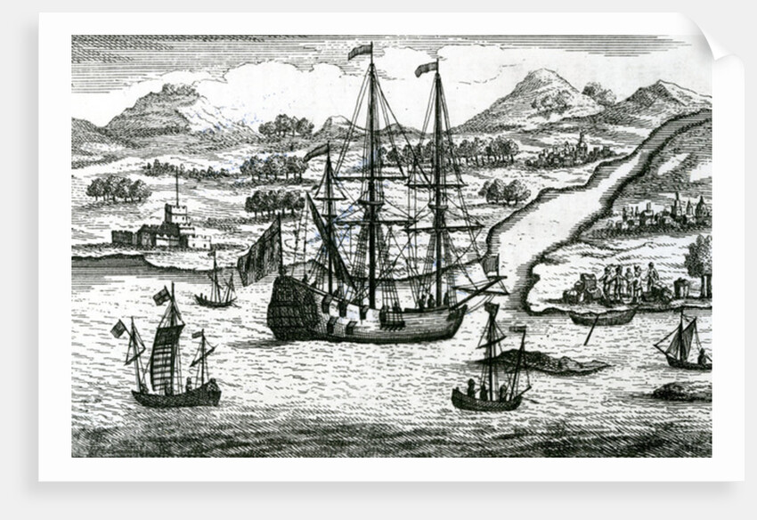 Robinson Crusoe Escaping Cambodia Enters a Port in the North part of China, 1722 by English School