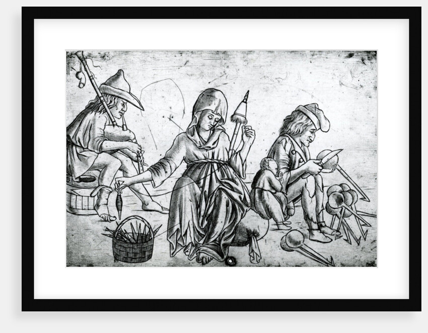 Scene with a musician playing the bagpipes, a woman spinning and a man carving spoons by Anonymous Anonymous