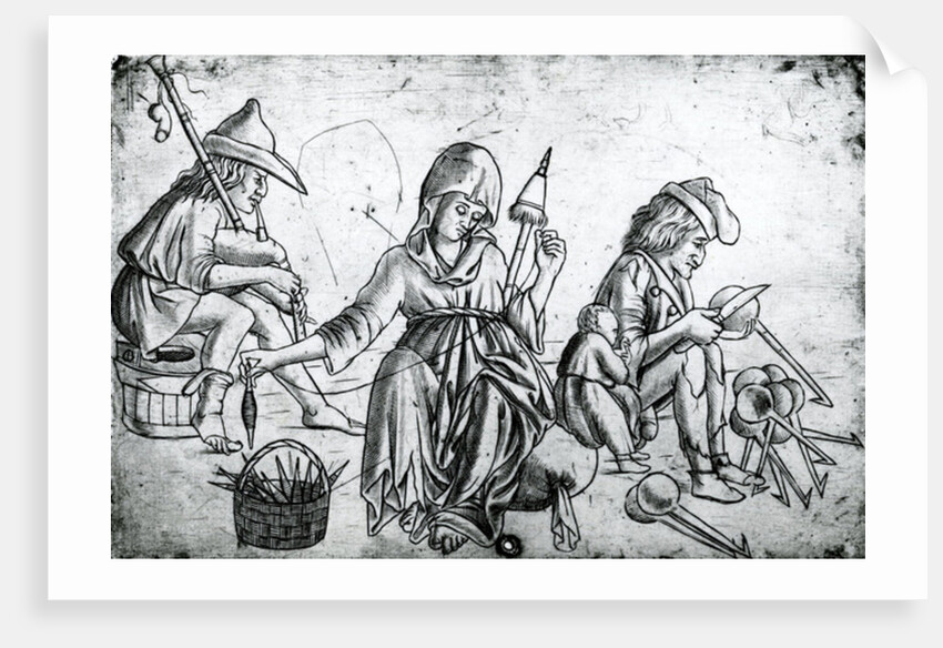 Scene with a musician playing the bagpipes, a woman spinning and a man carving spoons by Anonymous Anonymous