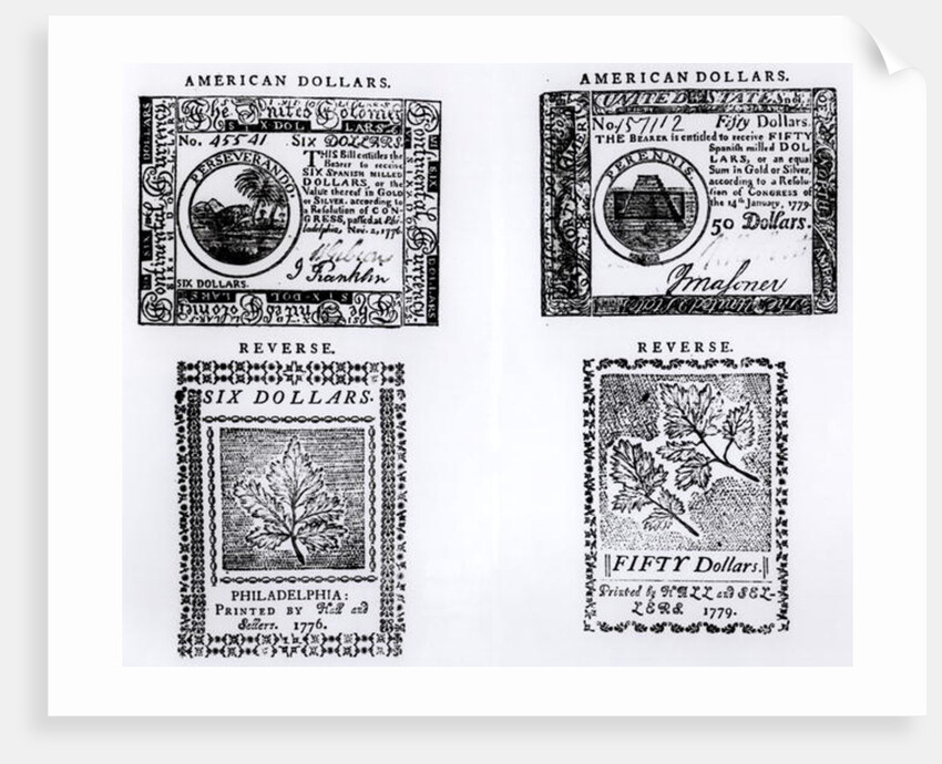Notes of Currency issued by the Continental Congress during the American Revolution, 1776-9 by American School
