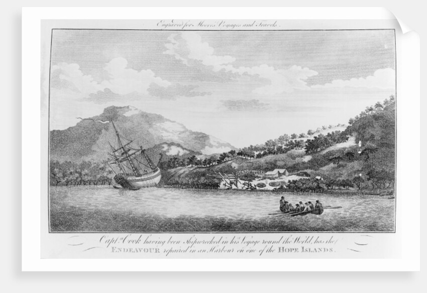 Captain Cook having been shipwrecked in his voyage round the world has the Endeavour repaired in a harbour on one of the Hope Islands, c.1786 by Sydney Parkinson