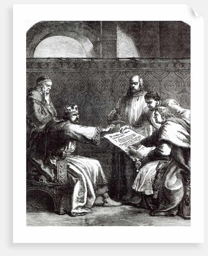 King John refusing to sign Magna Charta when first presented to him, 1215 by English School