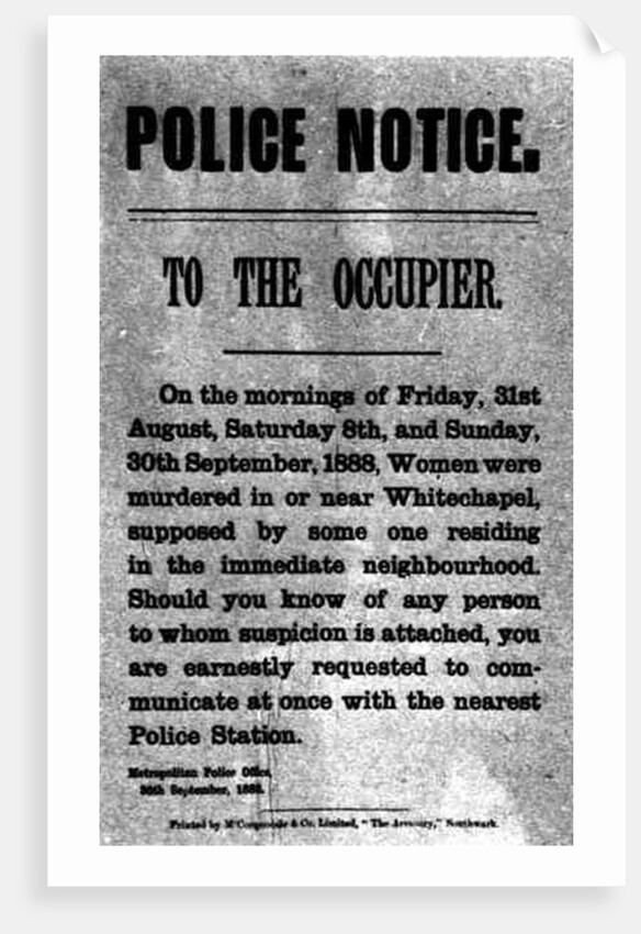 Police Notice to the Occupier Relating to Murders in Whitechapel, 30th September 1888 by English School