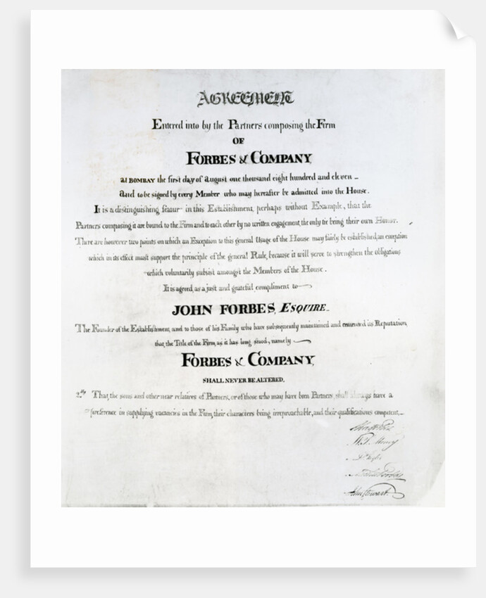 Partners agreement for Forbes & Company, Bombay, 1811 by Scottish School