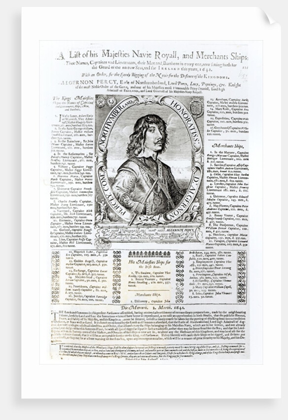 Portrait of Algernon Percy, tenth Earl of Northumberland accompanied by a list of his Majesty's Royal Navy, 1642 by English School