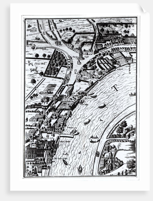 Bird's eye view of the River Thames and the surrounding area by English School