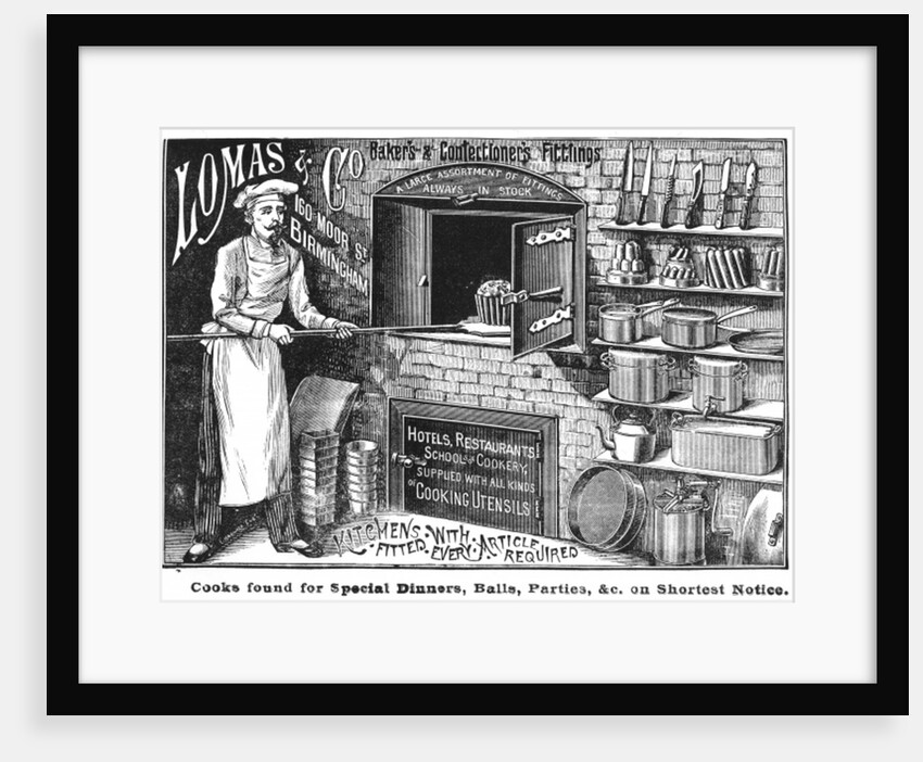 Advertisement for Lomas and Co., suppliers of kitchen equipment by English School