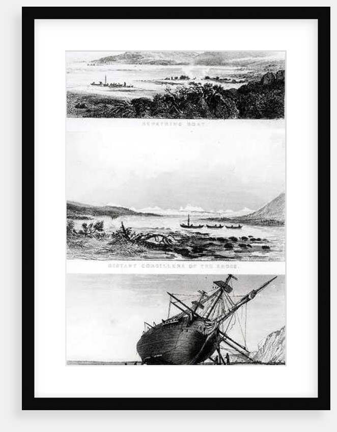 Scenes of the 'Beagle' being repaired, on the distant cordillera of the Andes, and laid ashore on the Santa Cruz River by Conrad (after) Martens