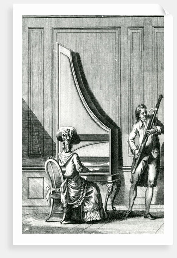 Musicians playing an upright clavicord and a bassoon by French School