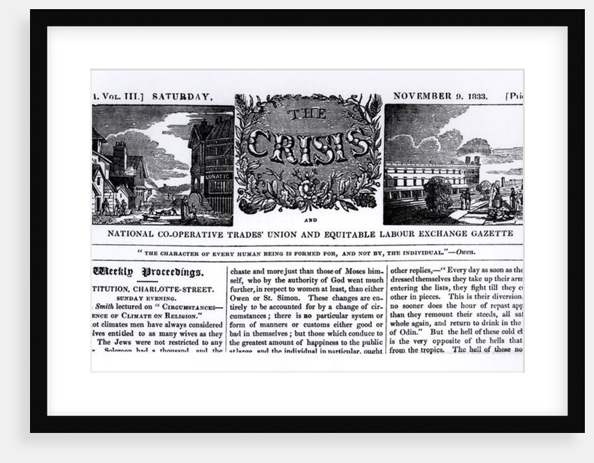 Front page of the 'National Co-operative Trades' Union and Equitable Labour Exchange Gazette', 9 November 1833 by English School