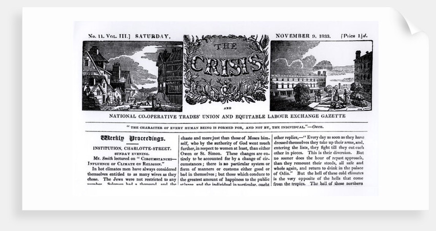 Front page of the 'National Co-operative Trades' Union and Equitable Labour Exchange Gazette', 9 November 1833 by English School