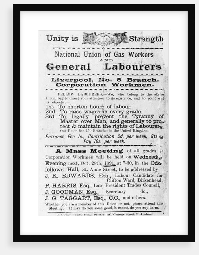 Declaration of the National Union of Gas Workers and General Workers, 1891 by English School