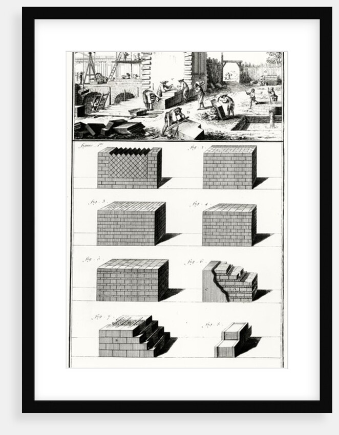 Stonemasons at work and various examples of wall-building techniques by Prevost