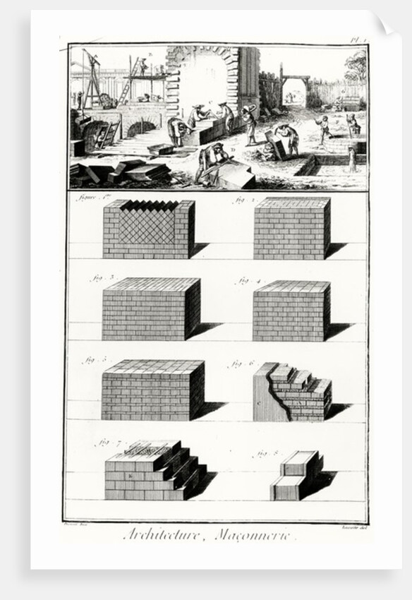 Stonemasons at work and various examples of wall-building techniques by Prevost
