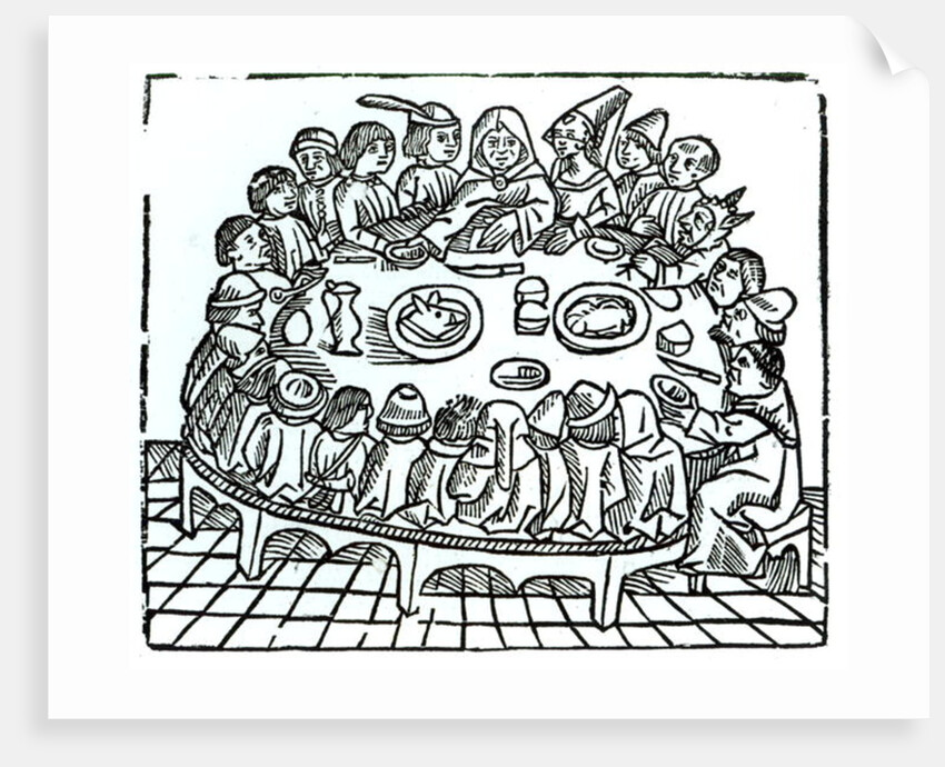 The Canterbury Pilgrims sitting down for a shared meal by English School