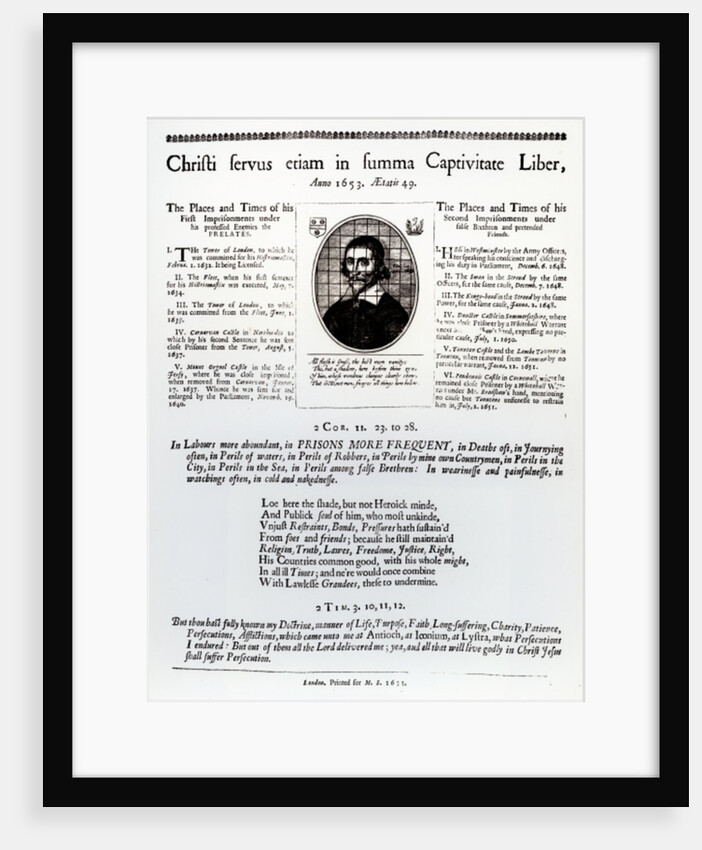 Christi Servus Etiam in Summa Captivitate Liber: a page from a broadsheet containing a list of places and times of John Lilburne's imprisonments. by English School