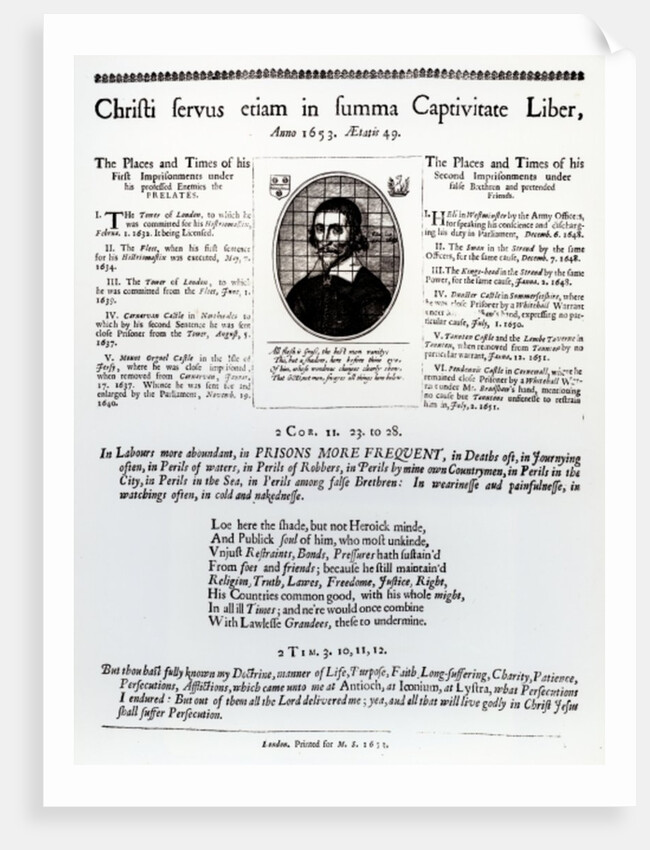 Christi Servus Etiam in Summa Captivitate Liber: a page from a broadsheet containing a list of places and times of John Lilburne's imprisonments. by English School