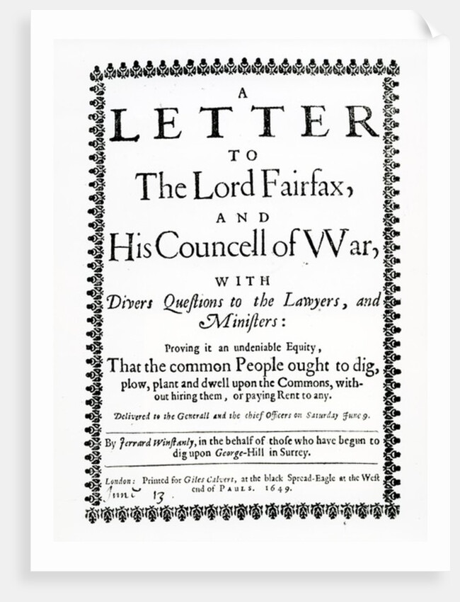 Letter to Lord Fairfax from Gerrard Winstanley on behalf of the Diggers at St. George Hill, Surrey, printed 1649 by English School