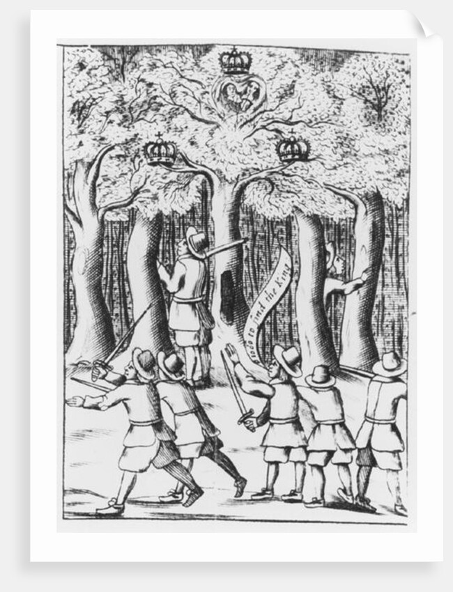 King Charles II hiding in an oak tree at Boscobel after his defeat at the Battle of Worcester in 1651. by English School