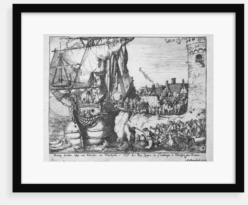 King James leaves Ireland after defeat at the Battle of the Boyne, 1690 by Adriaan Schoonebeek