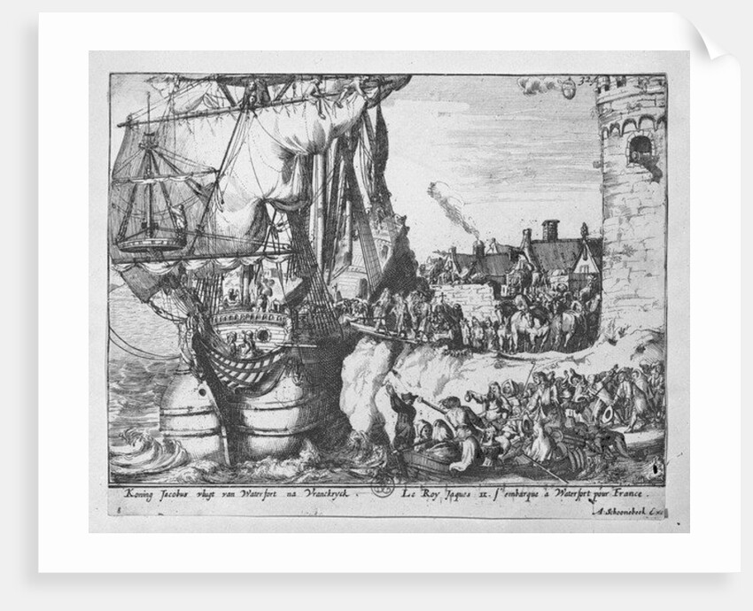 King James leaves Ireland after defeat at the Battle of the Boyne, 1690 by Adriaan Schoonebeek